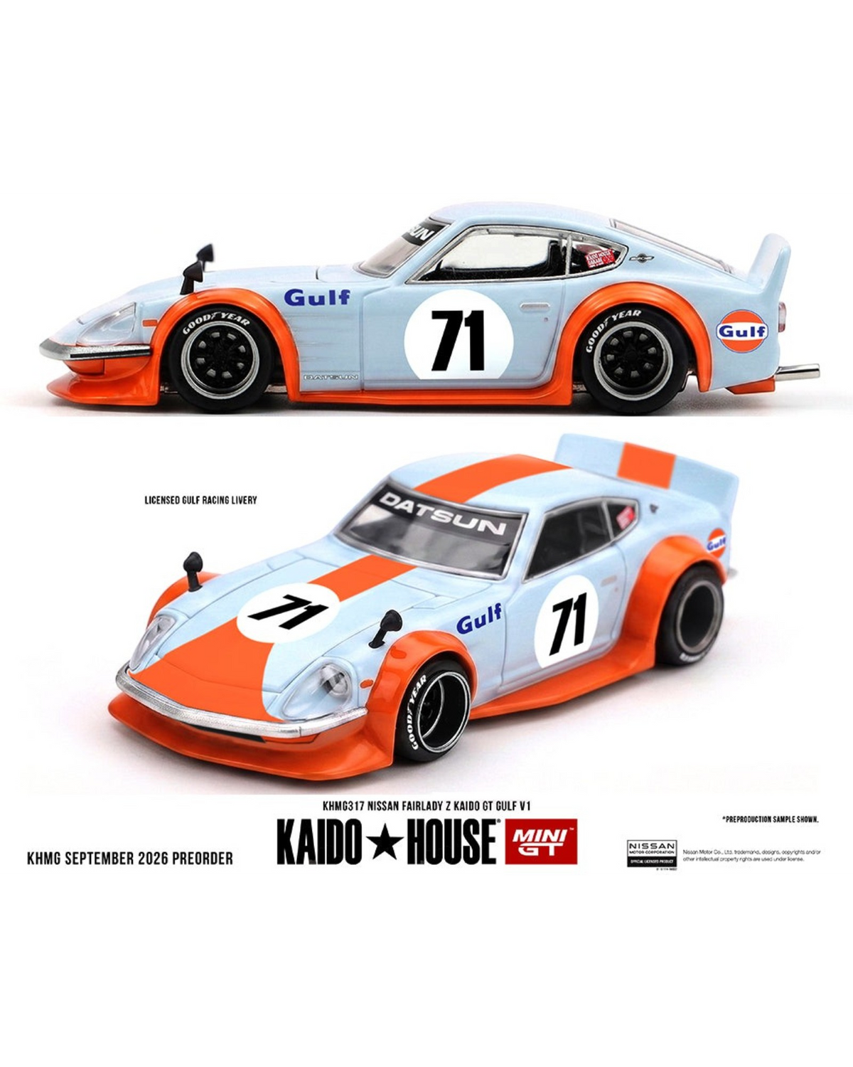 More Than Diecast Nissan Fairlady Z Kaido GT Gulf V1 die-cast car in blue and orange with wide-body racing livery.