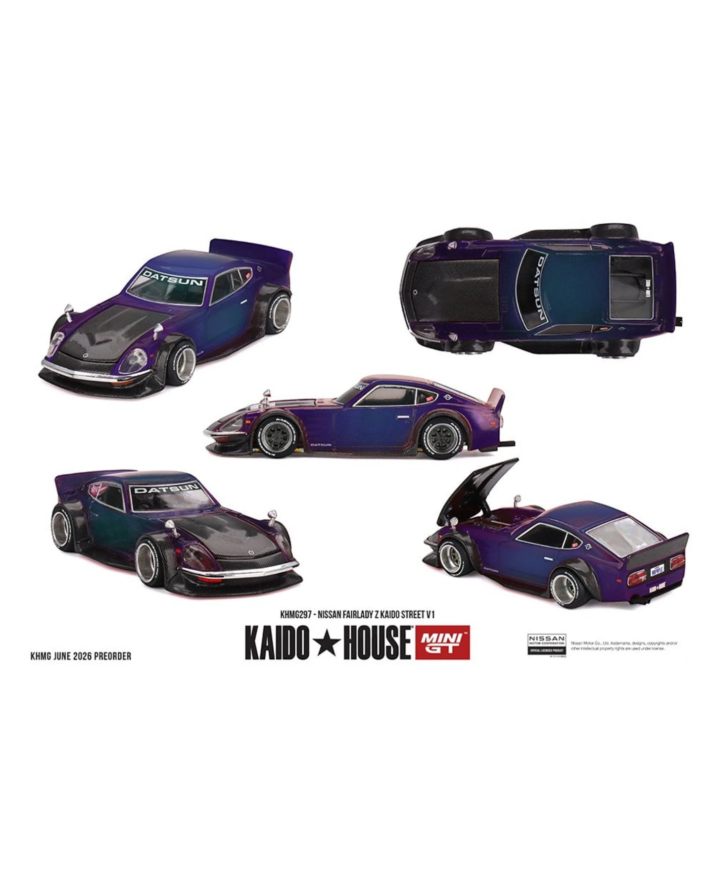 More Than Diecast 1:64 scale purple and blue Nissan Fairlady Z Kaido Street V1 die-cast model with aggressive aero and Datsun branding.