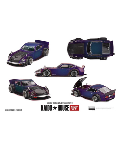 More Than Diecast 1:64 scale purple and blue Nissan Fairlady Z Kaido Street V1 die-cast model with aggressive aero and Datsun branding.