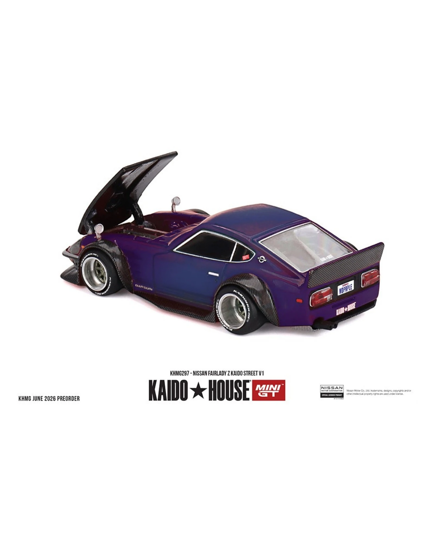 More Than Diecast 1:64 scale purple Nissan Fairlady Z Kaido Street V1 die-cast model with custom aero and livery.