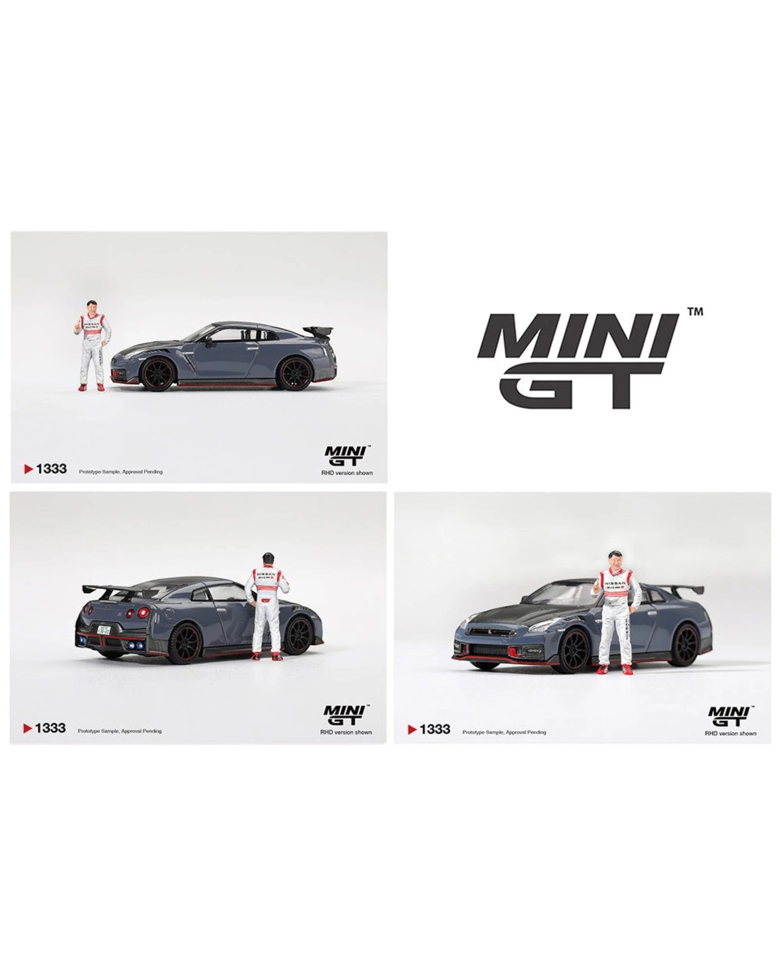 More Than Diecast Mini GT 1:64 Nissan GT-R Nismo 2024 Tsukuba record car with Tsugio Matsuda figure on white background