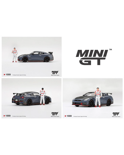 More Than Diecast Mini GT 1:64 Nissan GT-R Nismo 2024 Tsukuba record car with Tsugio Matsuda figure on white background