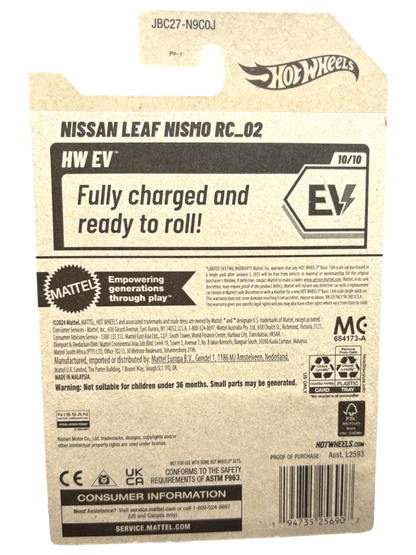 More Than Diecast Hot Wheels Nissan Leaf Nismo RC02 packaging back showing product details and collector information