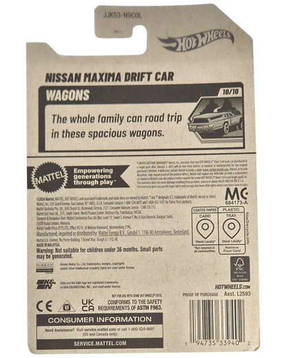 More Than Diecast Hot Wheels Nissan Maxima Drift Car packaging back showing product details and series information