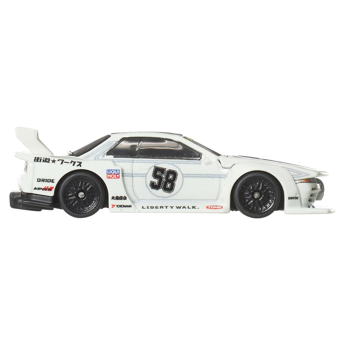 More Than Diecast Hot Wheels LB-Kaido Works Nissan R32 Skyline GT-R in white with racing decals and black wheels