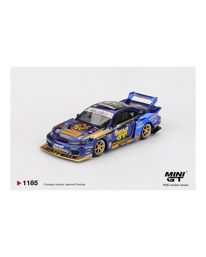 More Than Diecast Mini GT 1:64 Nissan LB-Super Silhouette S15 Silvia in chrome blue with Liberty Walk livery.