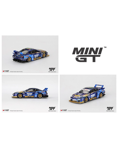 More Than Diecast Mini GT Nissan LB-Super Silhouette S15 Silvia #555 in chrome blue with Liberty Walk wide-body kit.