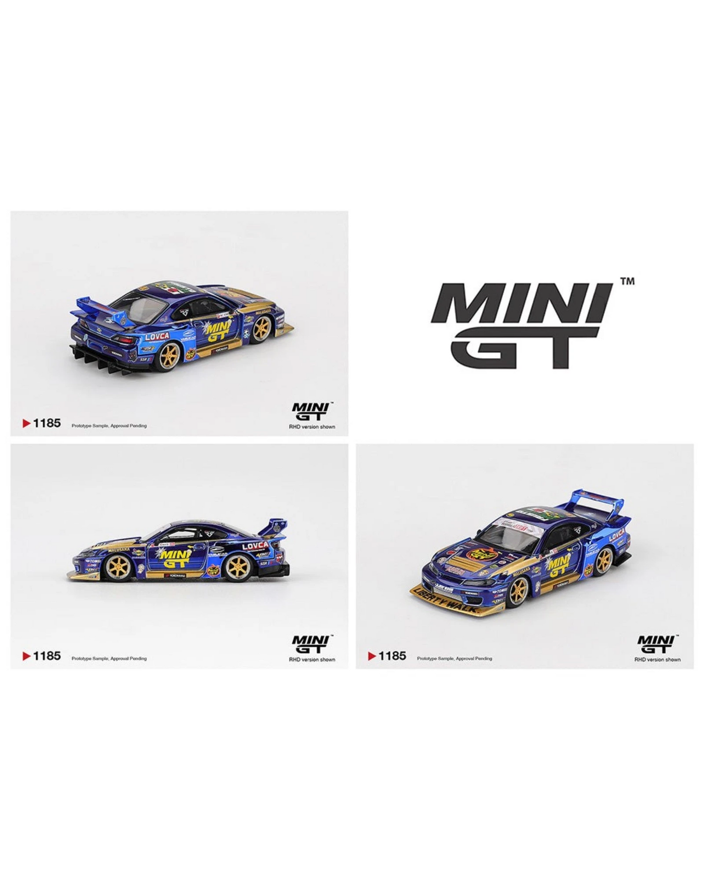 More Than Diecast Mini GT Nissan LB-Super Silhouette S15 Silvia #555 in chrome blue with Liberty Walk wide-body kit.