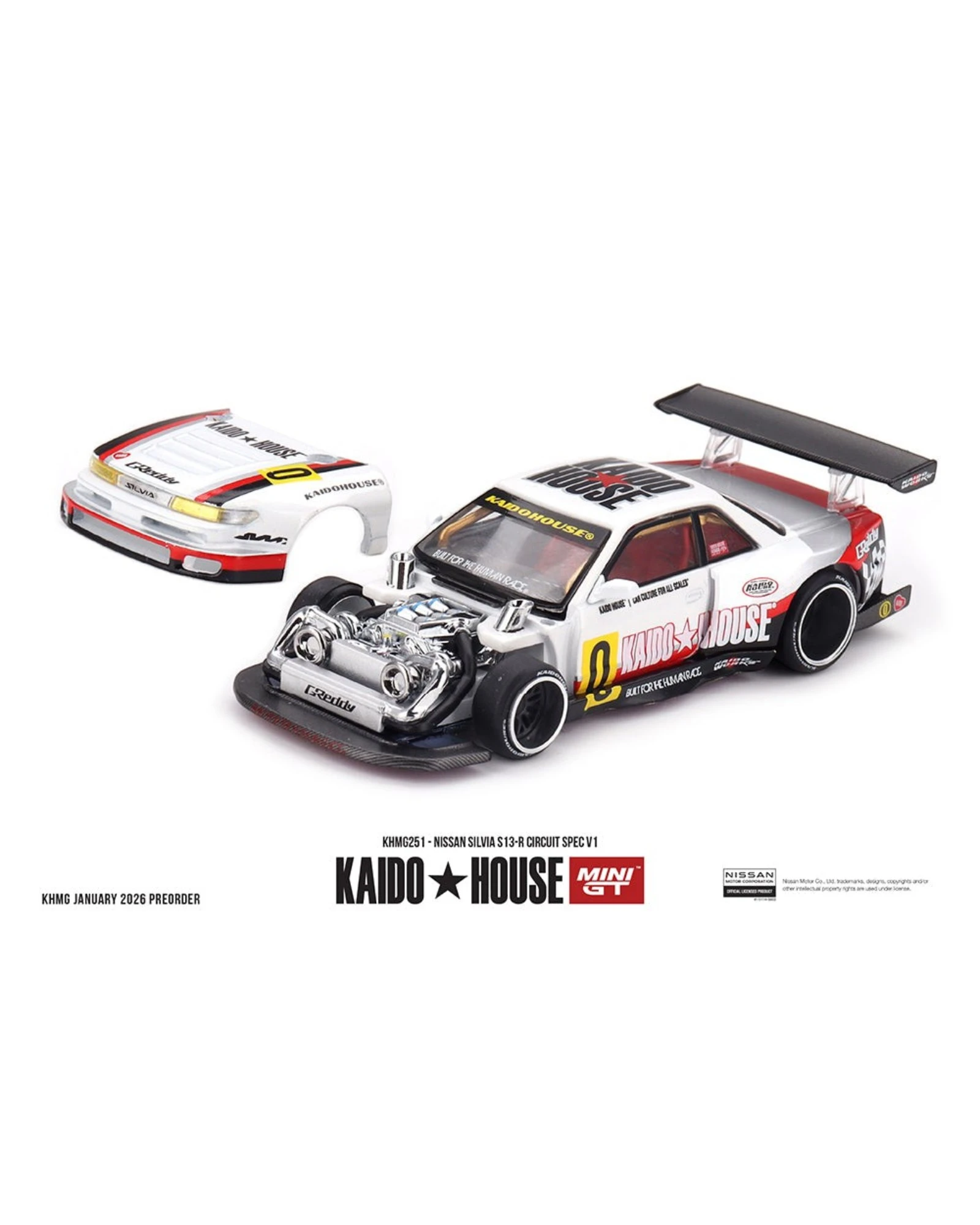 More Than Diecast Kaido House x Mini GT Nissan Silvia S13-R Circuit Spec V1 die-cast model with removable hood