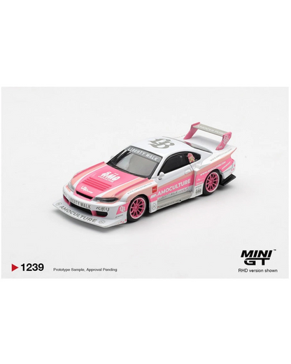 More Than Diecast Mini GT 1:64 Nissan Silvia S15 LB-Super Silhouette AMOCULTURE die-cast model car with pink and white livery.