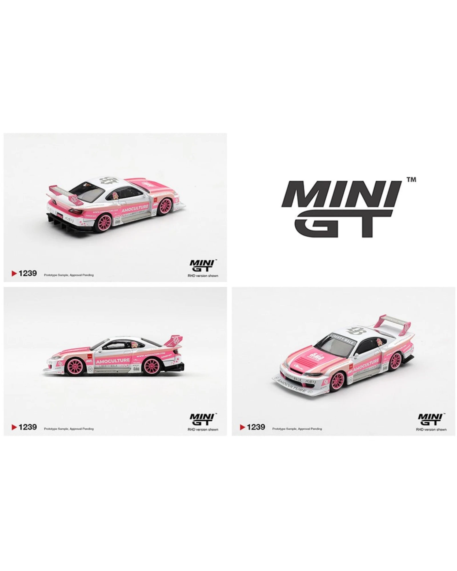 More Than Diecast Mini GT 1:64 Nissan Silvia S15 LB-Super Silhouette AMOCULTURE die-cast model car with pink and white livery.