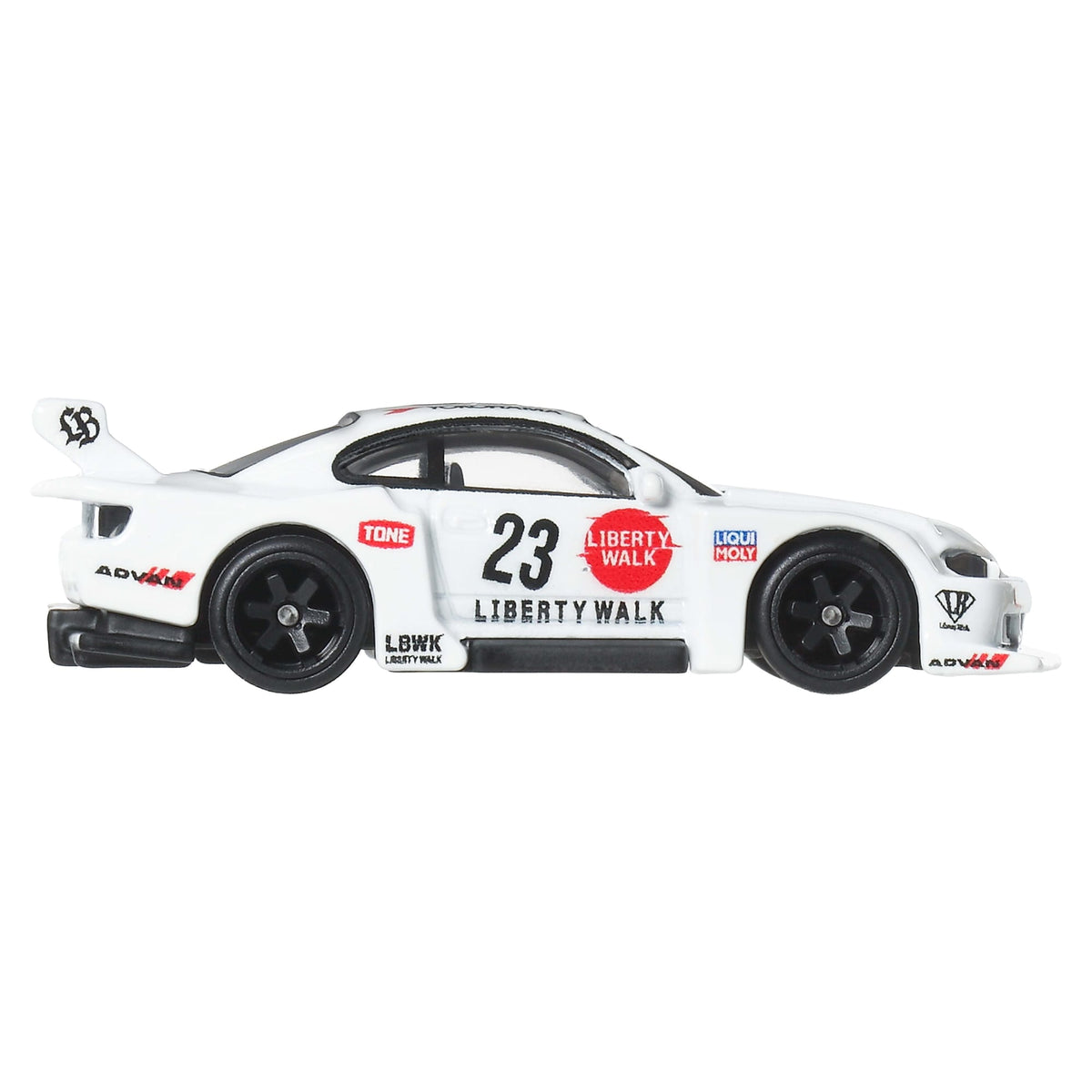 More Than Diecast Hot Wheels LB Super Silhouette Nissan Silvia S15 in white with racing decals and black wheels