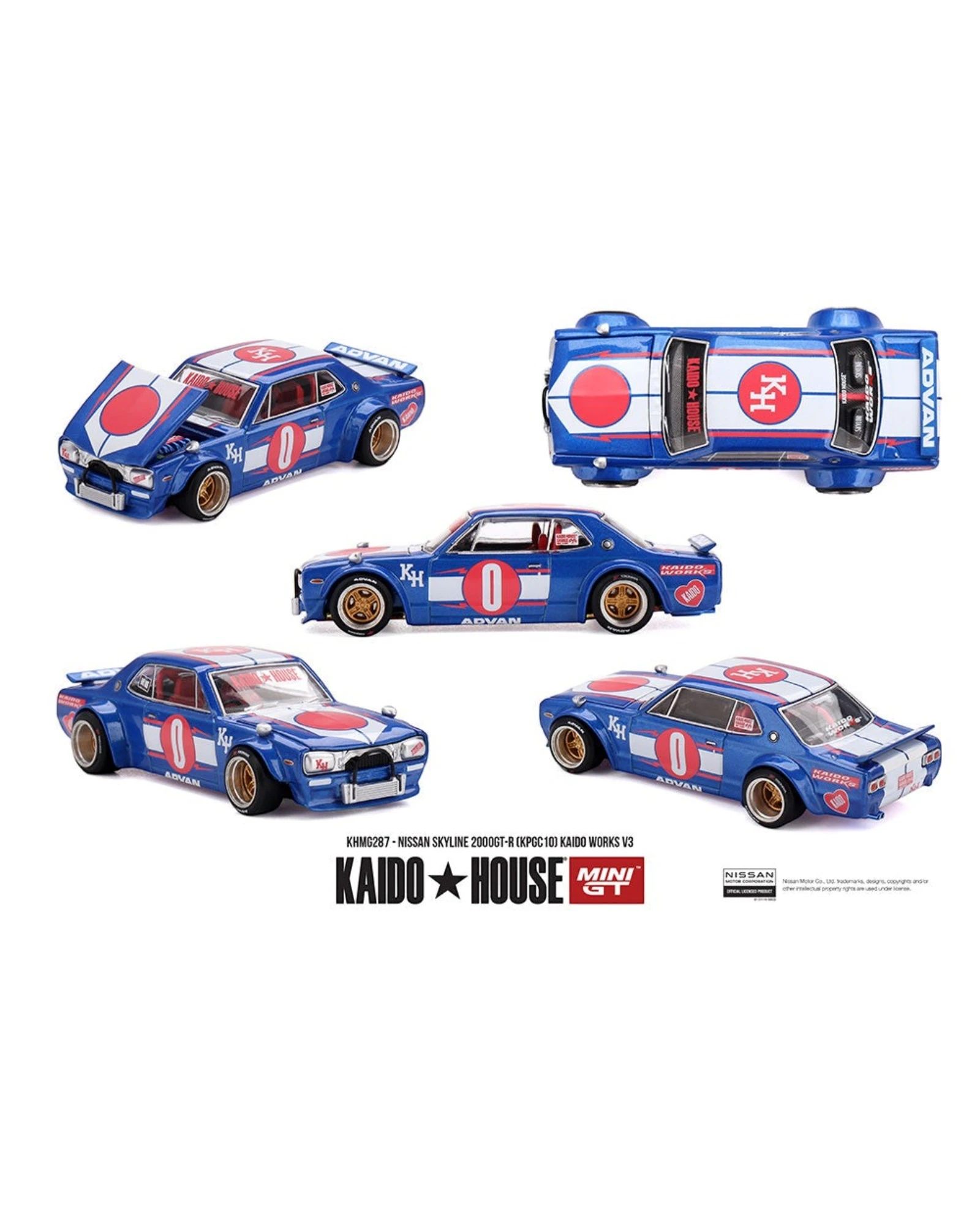 More Than Diecast 1:64 scale blue Nissan Skyline 2000GT-R (KPGC10) Kaido Works V3 model car with red and white Japanese flag graphics.