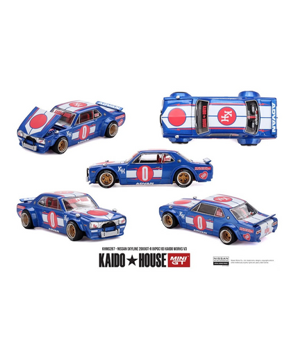 More Than Diecast 1:64 scale blue Nissan Skyline 2000GT-R (KPGC10) Kaido Works V3 model car with red and white Japanese flag graphics.