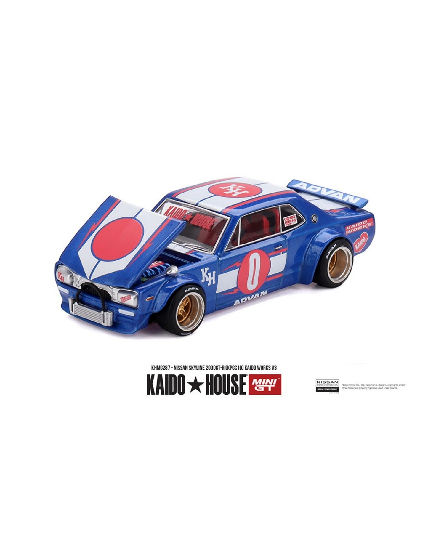 More Than Diecast blue 1:64 scale Nissan Skyline 2000GT-R (KPGC10) Kaido Works V3 model car with red accents and white racing stripes.