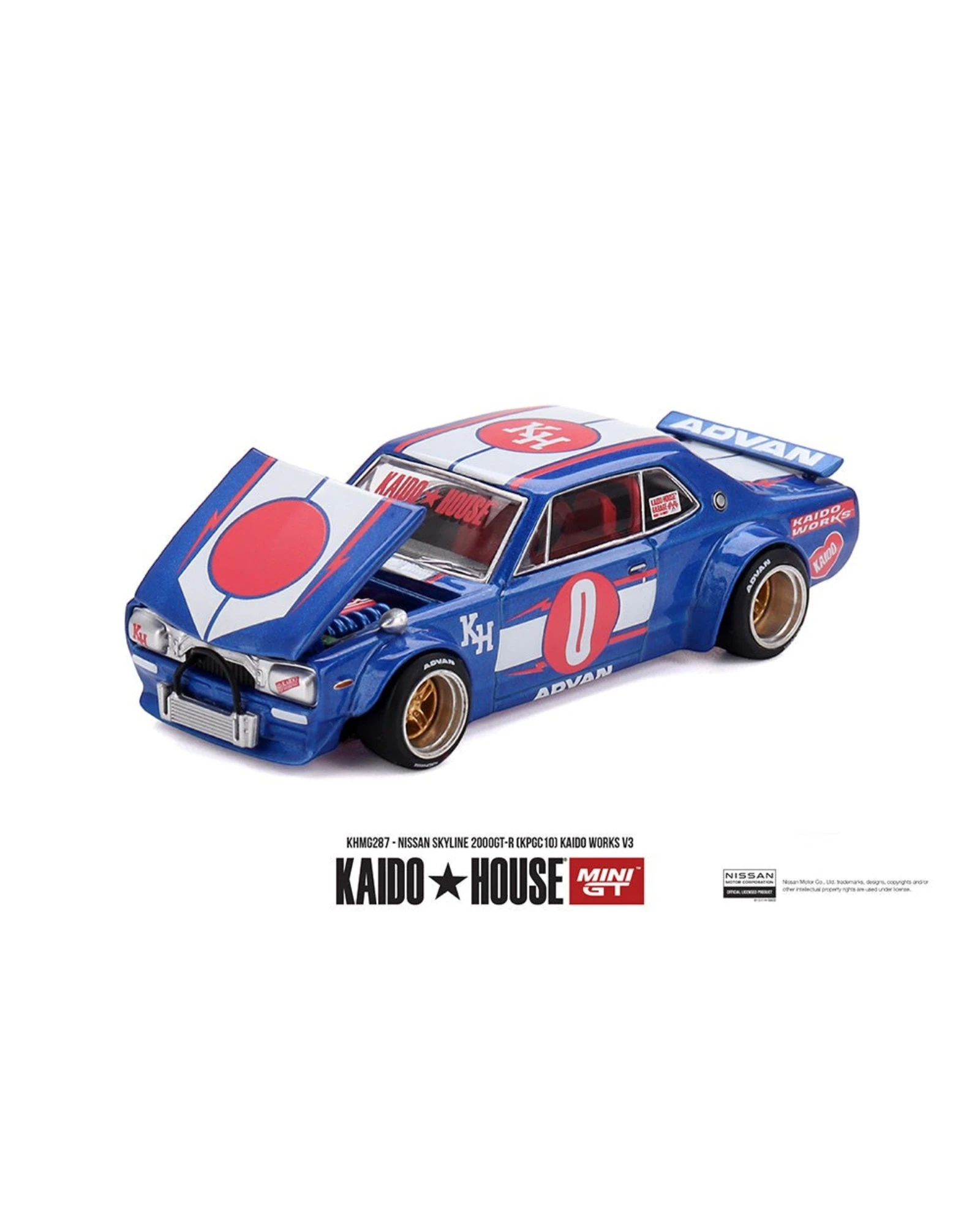 More Than Diecast blue 1:64 scale Nissan Skyline 2000GT-R (KPGC10) Kaido Works V3 model car with red accents and white racing stripes.