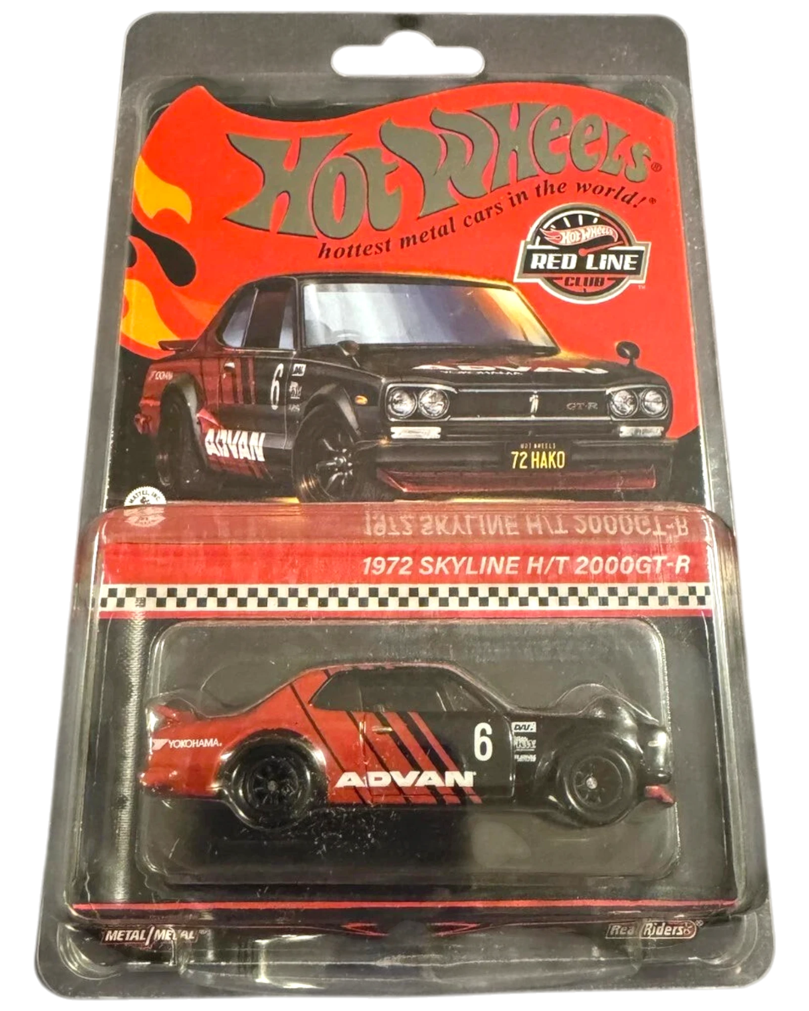 More Than Diecast 2024 RLC Exclusive 1972 Nissan Skyline GT-R in Advan black and red livery in blister packaging