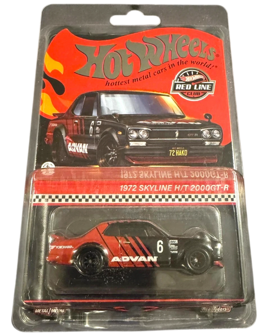 More Than Diecast 2024 RLC Exclusive 1972 Nissan Skyline GT-R in Advan black and red livery in blister packaging