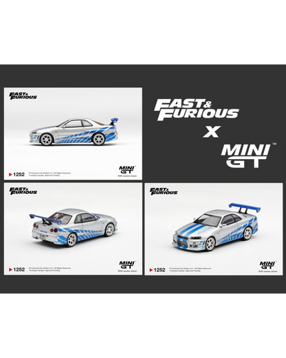 More Than Diecast Mini GT 1:64 Nissan Skyline GT-R C-West from 2 Fast 2 Furious in silver with blue racing decals.