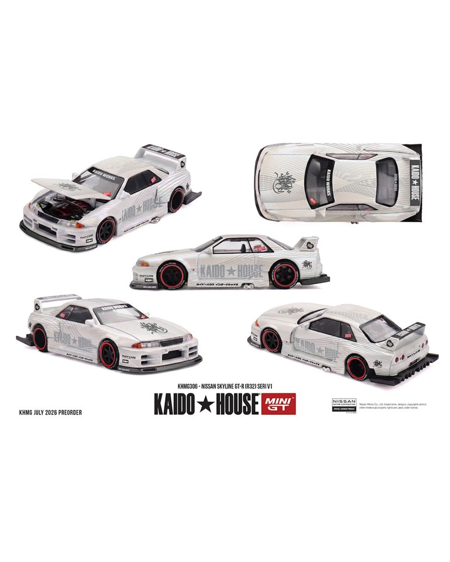 More Than Diecast Kaido House x Mini GT Nissan Skyline GT-R R32 SERI V1 die-cast model car with street-tuner livery.