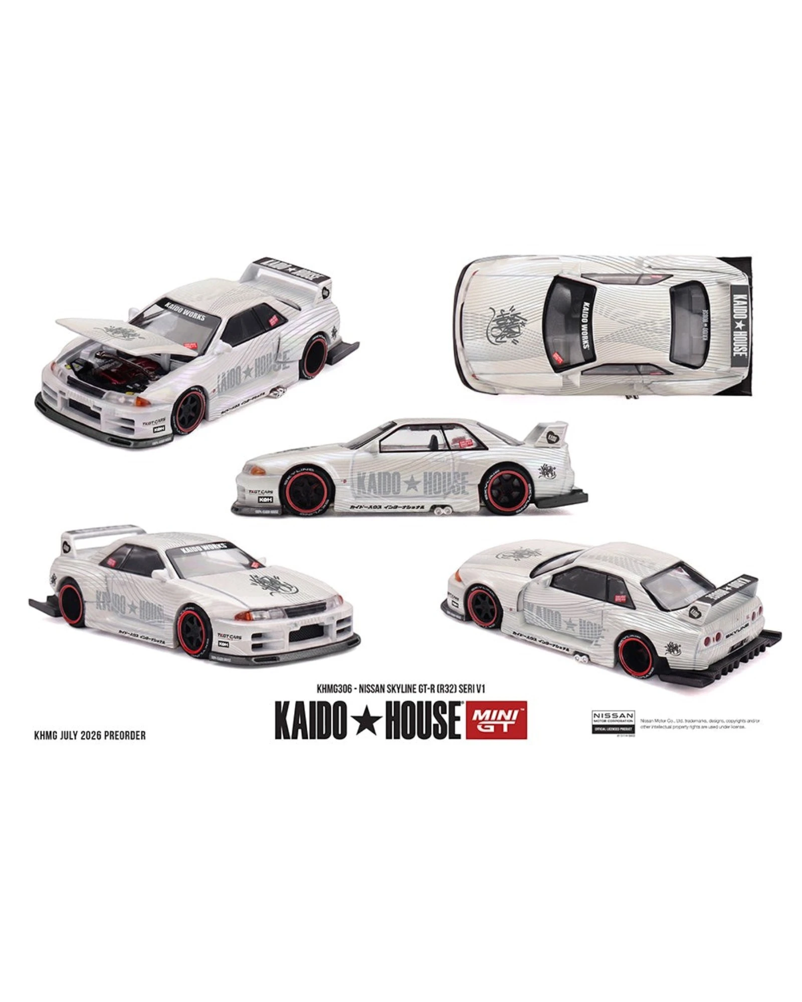 More Than Diecast Kaido House x Mini GT Nissan Skyline GT-R R32 SERI V1 die-cast model car with street-tuner livery.