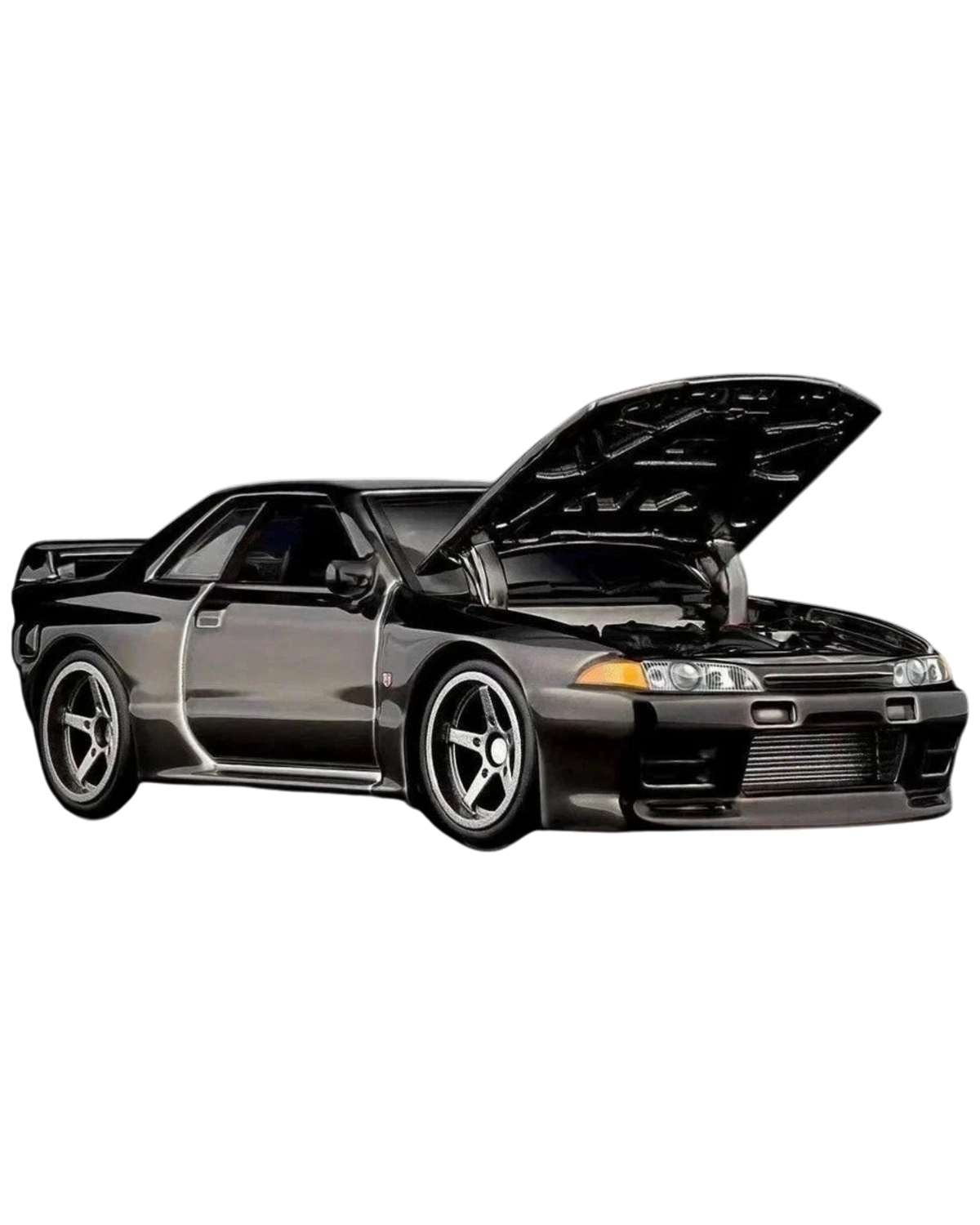 More Than Diecast 2026 Hot Wheels RLC Nissan Skyline GT-R R32 in black with an open hood showing engine detail