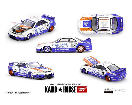 More Than Diecast Mini GT x Kaido House Nissan Skyline GT-R R33 BFTHR V1 die-cast car in white and blue two-tone
