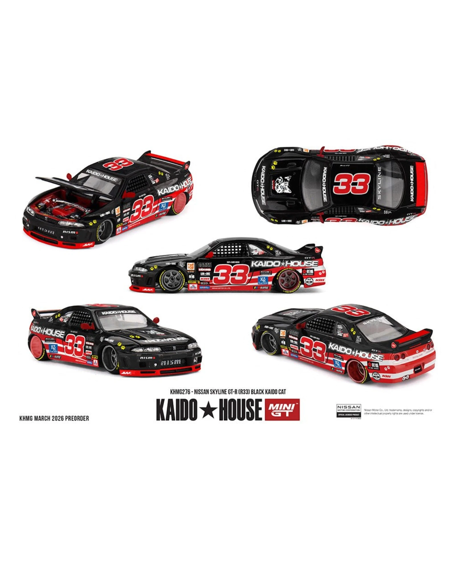 More Than Diecast Kaido House x Mini GT 1:64 Nissan Skyline GT-R R33 black and red diecast model car with Kaido Cat
