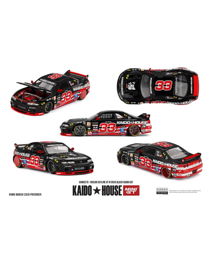 More Than Diecast Kaido House x Mini GT 1:64 Nissan Skyline GT-R R33 black and red diecast model car with Kaido Cat