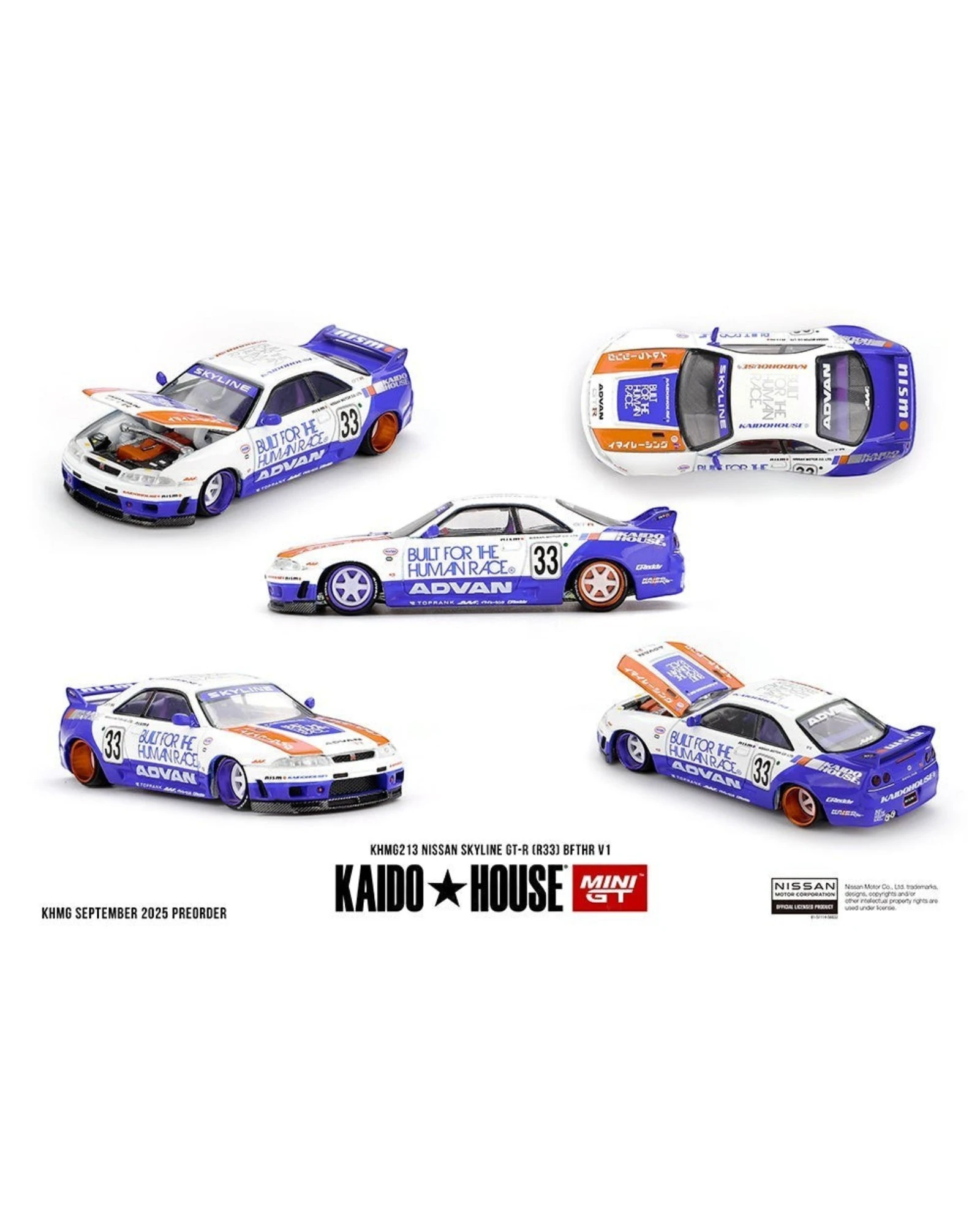 More Than Diecast Mini GT x Kaido House Nissan Skyline GT-R R33 BFTHR V1 in white and blue with Advan racing livery.