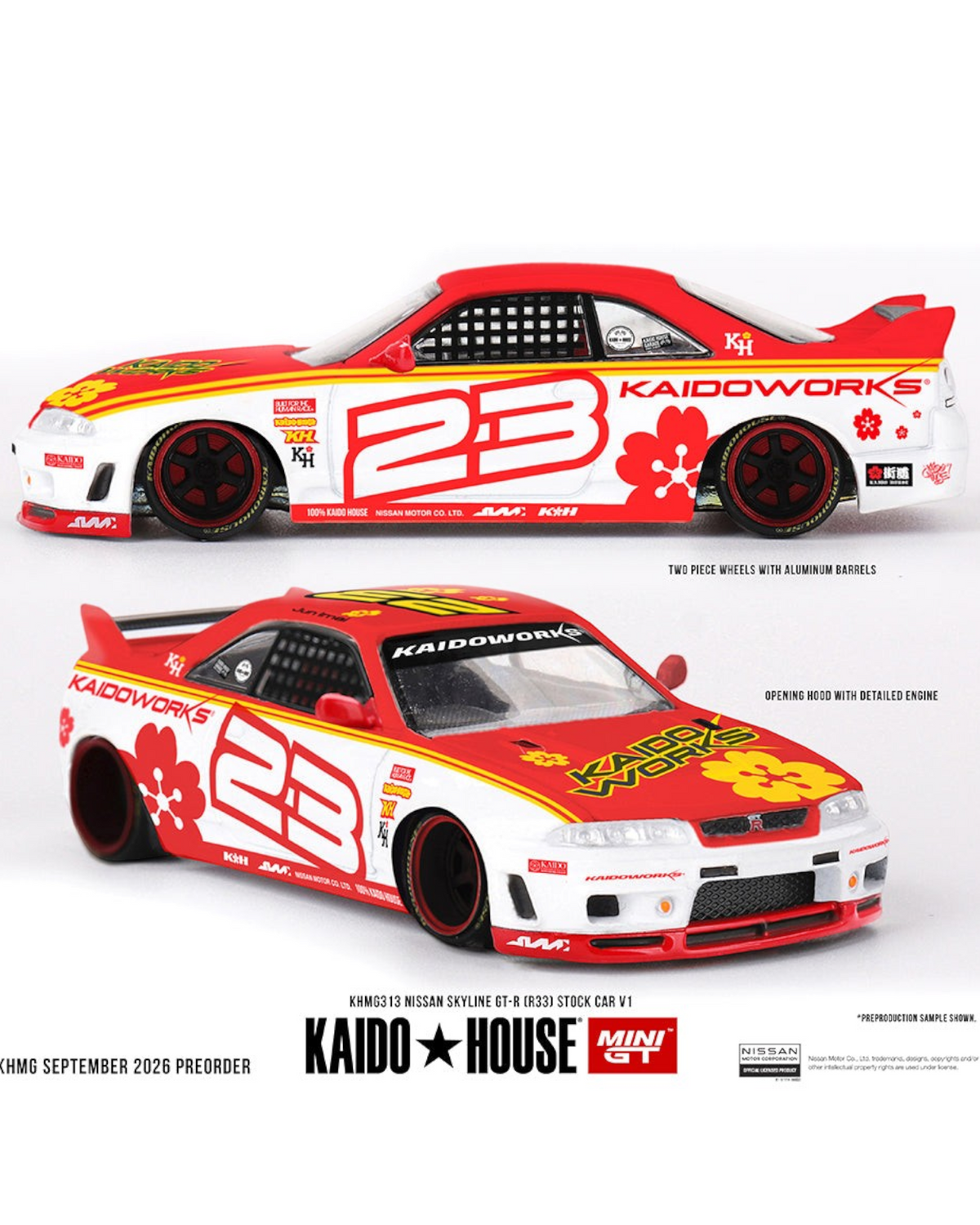 More Than Diecast Kaido House x Mini GT Nissan Skyline GT-R R33 stock car in white and red with number 23 livery