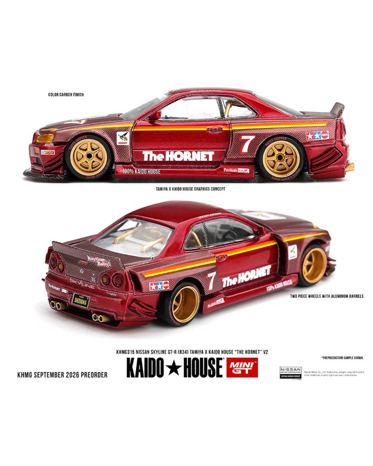 More Than Diecast Kaido House x Mini GT Nissan Skyline GT-R R34 The Hornet V2 die-cast car in metallic red carbon.