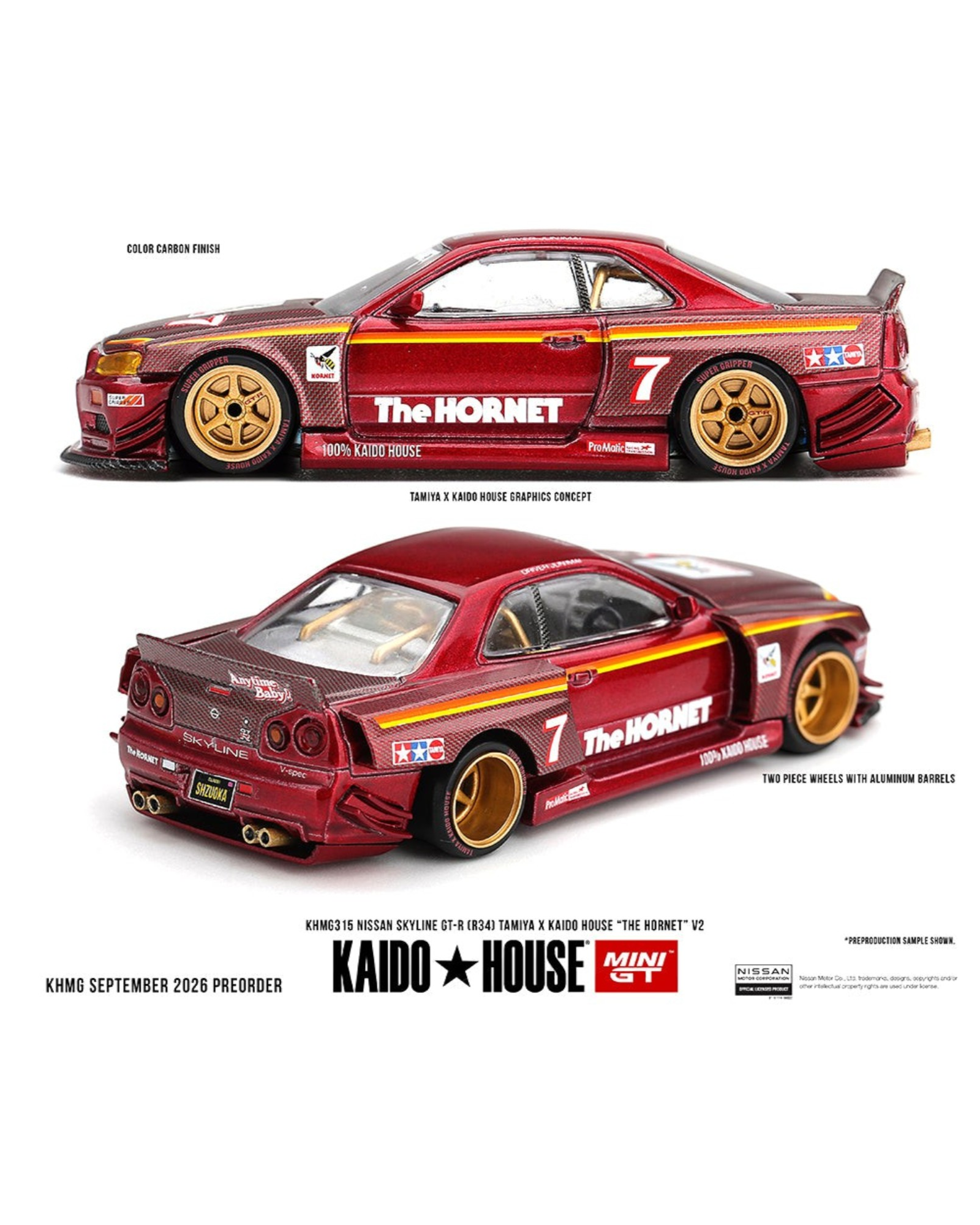 More Than Diecast Kaido House x Mini GT Nissan Skyline GT-R R34 The Hornet V2 die-cast car in metallic red carbon.
