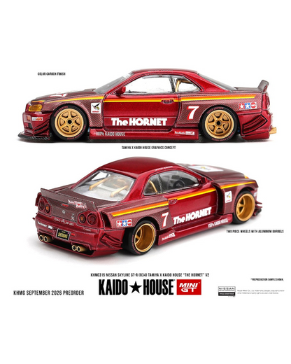 More Than Diecast Kaido House x Mini GT Nissan Skyline GT-R R34 The Hornet V2 die-cast car in metallic red carbon.