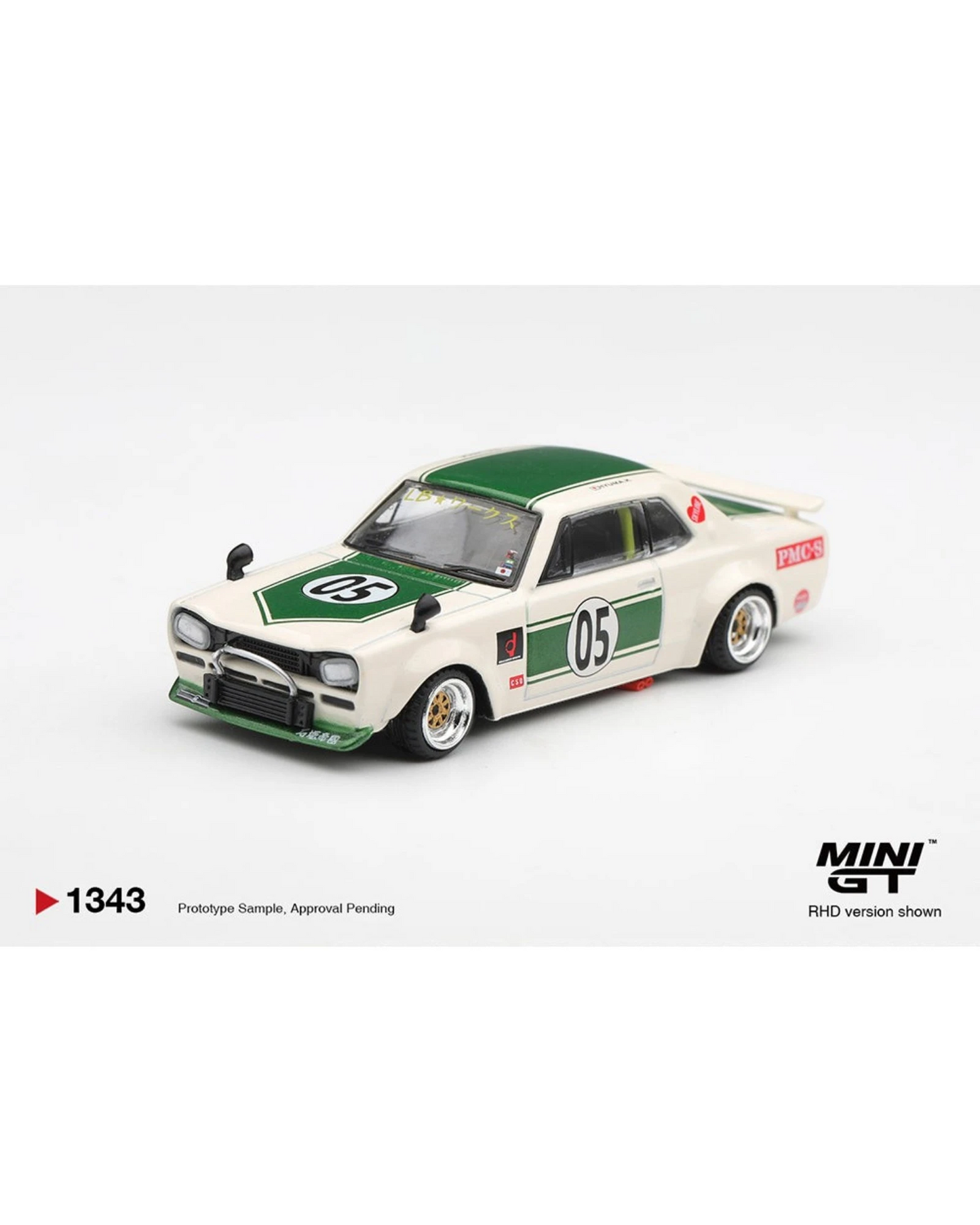 More Than Diecast Mini GT Nissan Skyline LB-WORKS Hakosuka die-cast car in white and green with wide-body kit