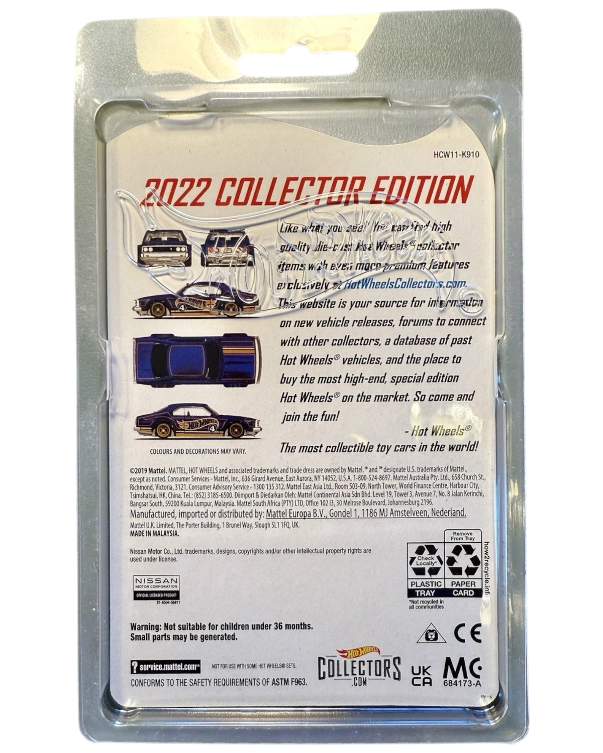 Back of More Than Diecast Hot Wheels 2022 Collectors Edition Nissan Skyline C210 blister card packaging