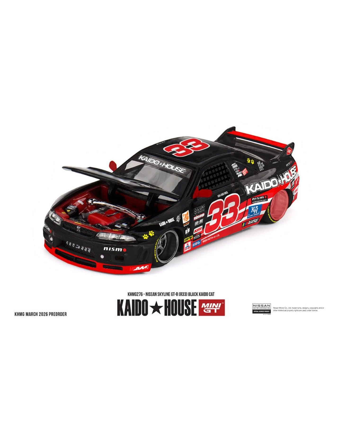 More Than Diecast Kaido House x Mini GT 1:64 Nissan Skyline GT-R R33 Black Kaido Cat model with open hood