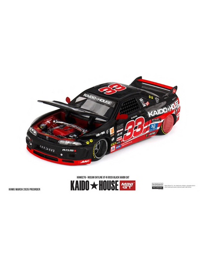 More Than Diecast Kaido House x Mini GT 1:64 Nissan Skyline GT-R R33 Black Kaido Cat model with open hood