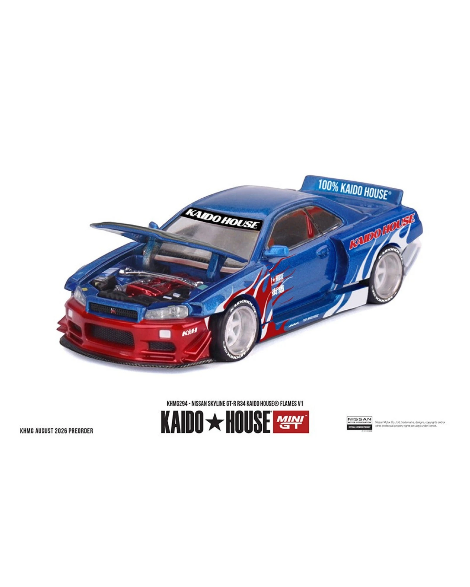 More Than Diecast 1:64 scale Nissan Skyline GT-R R34 model car in metallic blue with red flame graphics and open hood