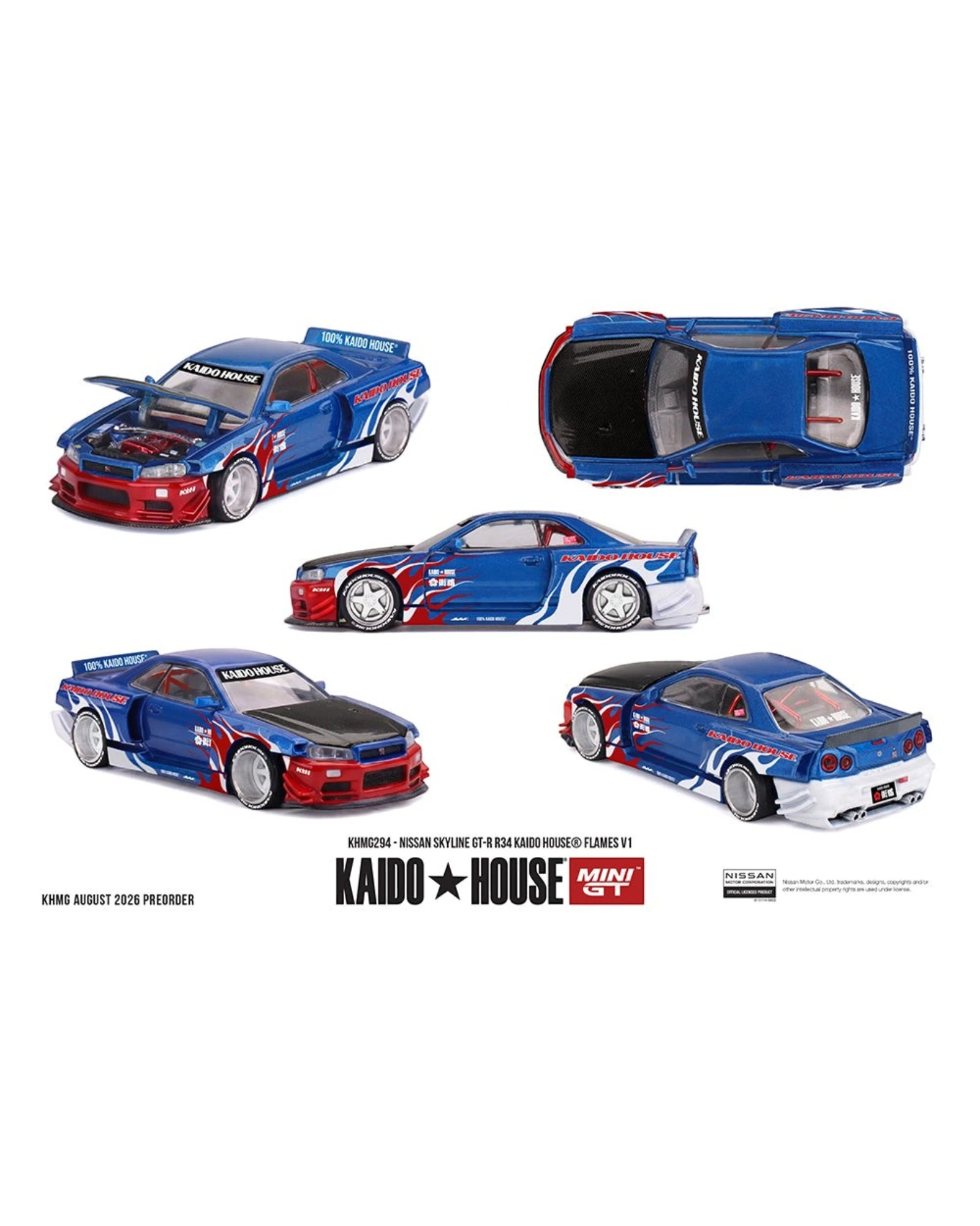More Than Diecast Kaido House x Mini GT Nissan Skyline GT-R R34 diecast model with blue flame livery and open hood