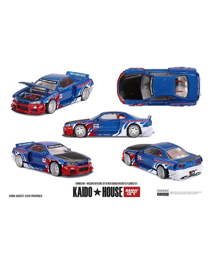 More Than Diecast Kaido House x Mini GT Nissan Skyline GT-R R34 diecast model with blue flame livery and open hood