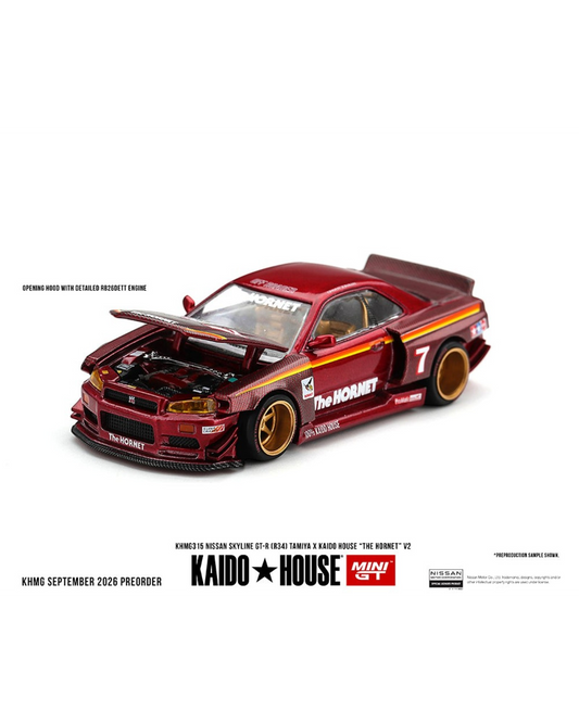 More Than Diecast Kaido House x Mini GT Nissan Skyline GT-R R34 The Hornet V2 die-cast car in metallic red carbon