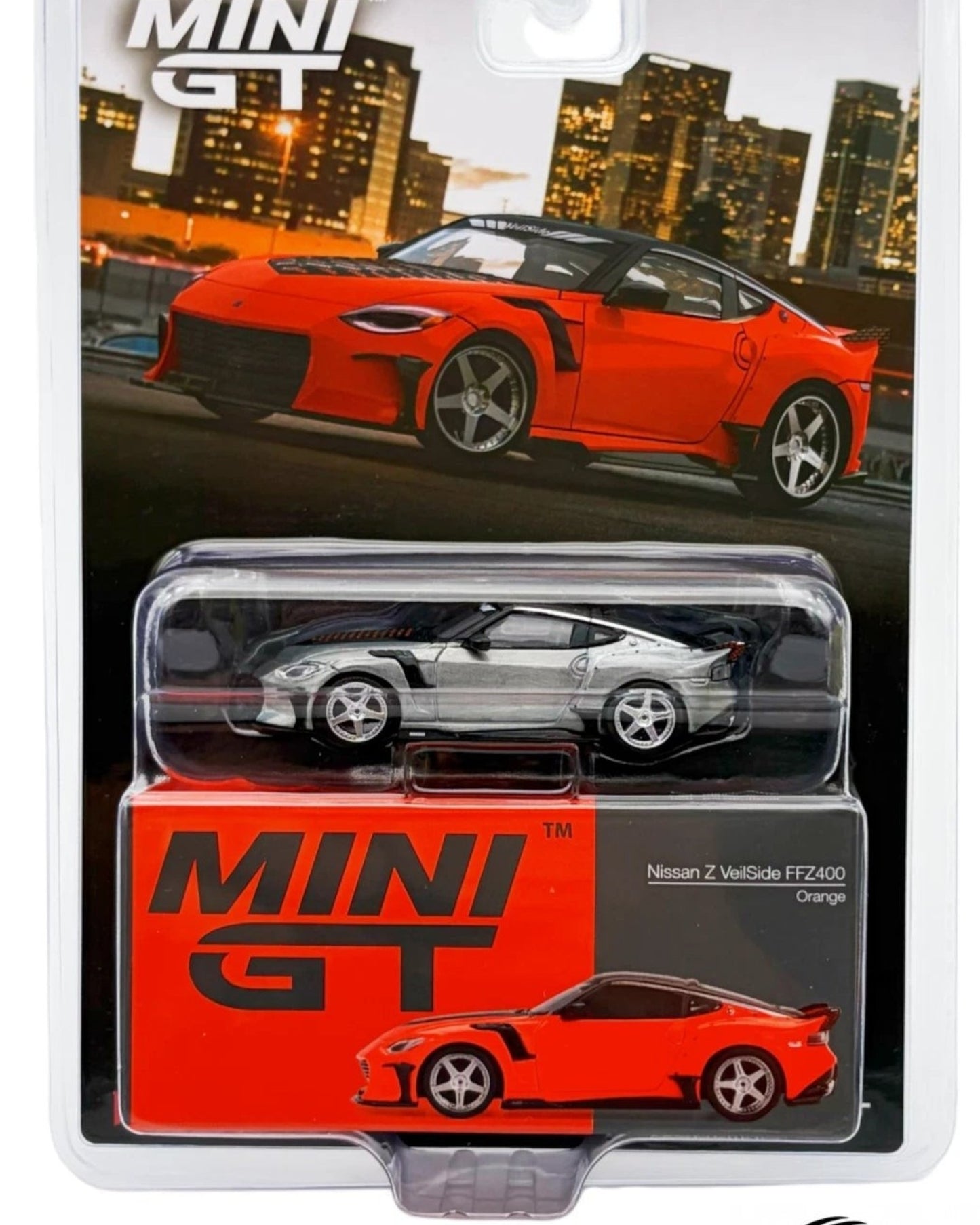 More Than Diecast Mini GT 1:64 scale orange Nissan Z VeilSide FFZ400 die-cast model car with widebody kit.