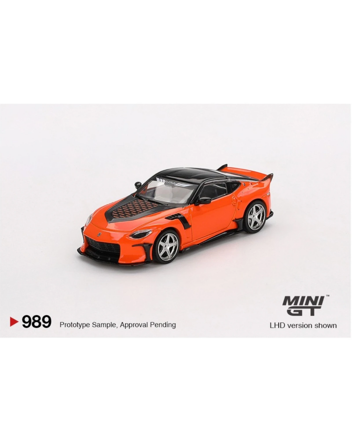 More Than Diecast Mini GT 1:64 orange Nissan Z VeilSide FFZ400 die-cast model with widebody kit and black accents.