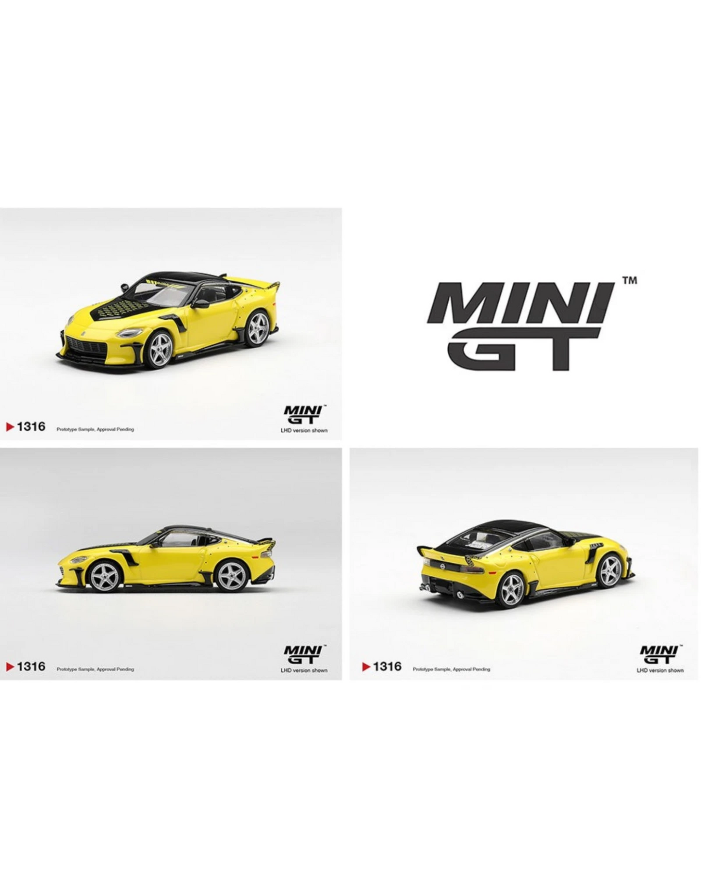 More Than Diecast Mini GT 1:64 yellow Nissan Z VeilSide FFZ400 Ikazuchi model car with black accents and spoiler.
