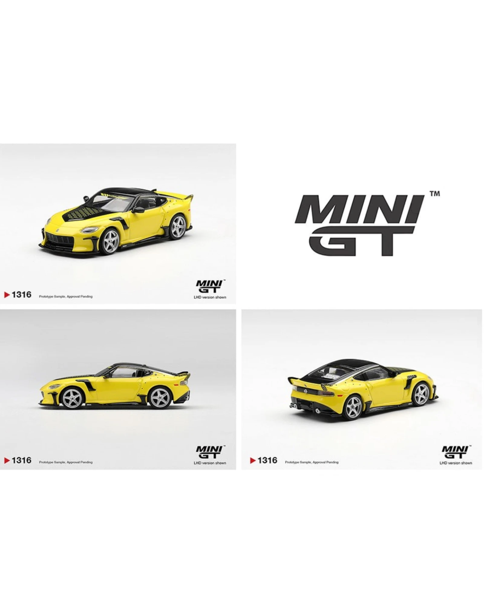 More Than Diecast Mini GT 1:64 yellow Nissan Z VeilSide FFZ400 Ikazuchi model car with black accents and spoiler.