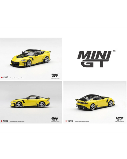 More Than Diecast Mini GT 1:64 yellow Nissan Z VeilSide FFZ400 Ikazuchi model car with black accents and spoiler.
