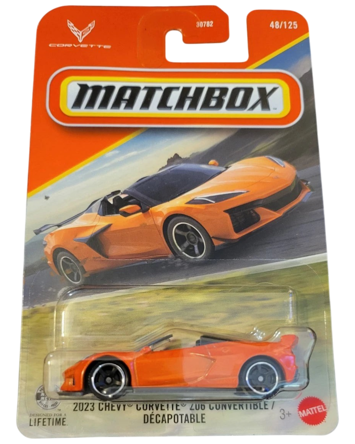 More Than Diecast 2023 Chevy Corvette Z06 convertible in orange, 1:64 scale Matchbox die-cast car in blister packaging