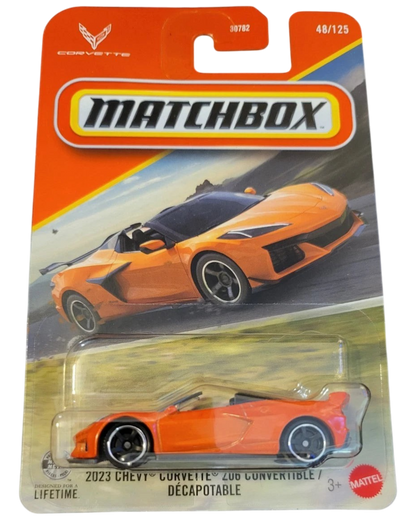 More Than Diecast 2023 Chevy Corvette Z06 convertible in orange, 1:64 scale Matchbox die-cast car in blister packaging