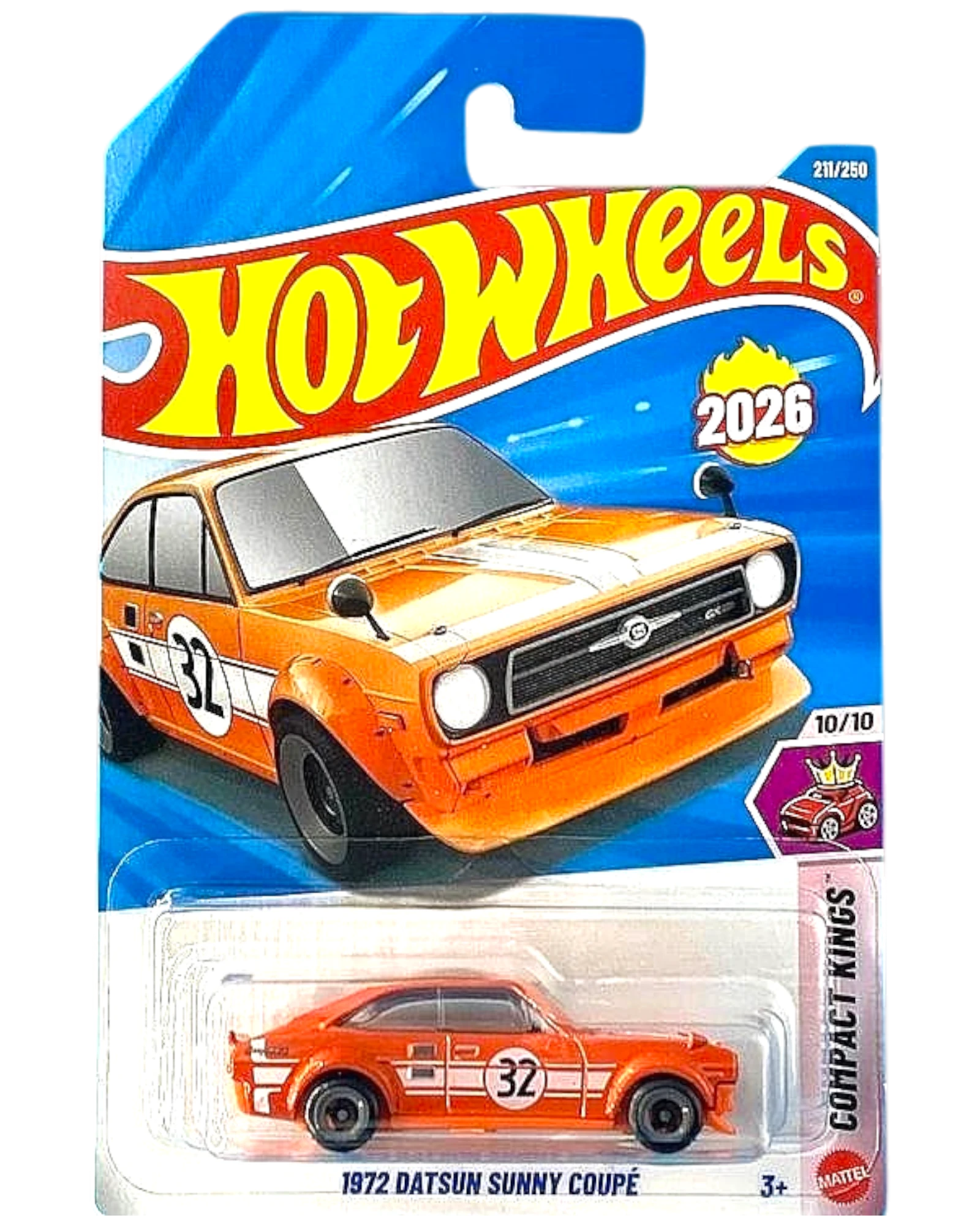 More Than Diecast Hot Wheels 1972 Datsun Sunny Coupe in orange, a 1:64 scale die-cast car from the Compact Kings series